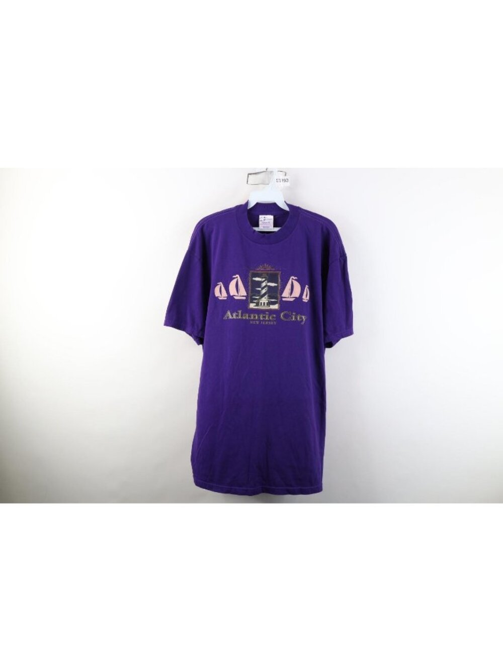 Vintage 90s Streetwear Mens XL Atlantic City Sailboat Lighthouse T-Shirt Purple